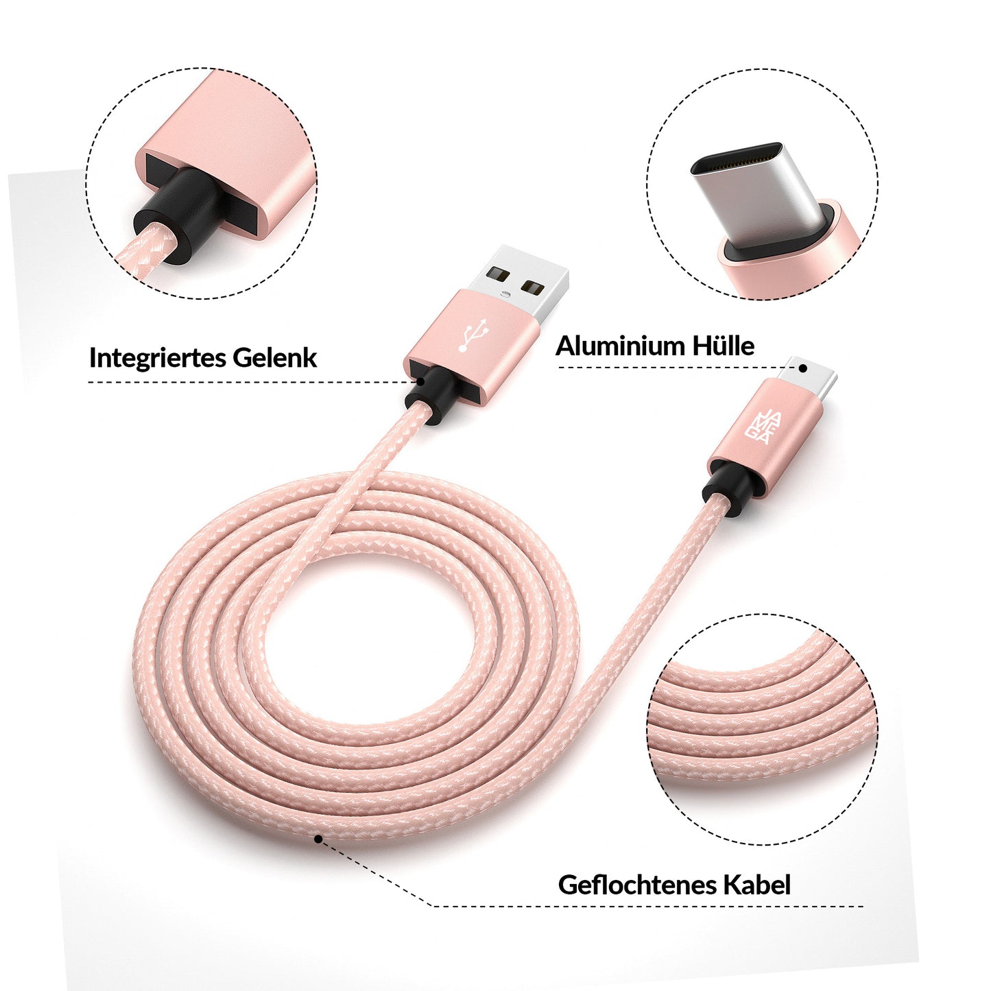 USB-C - USB A | Nylon + Metal Shell | *NEW MODEL* - RoseGold - Variante "eBW"
