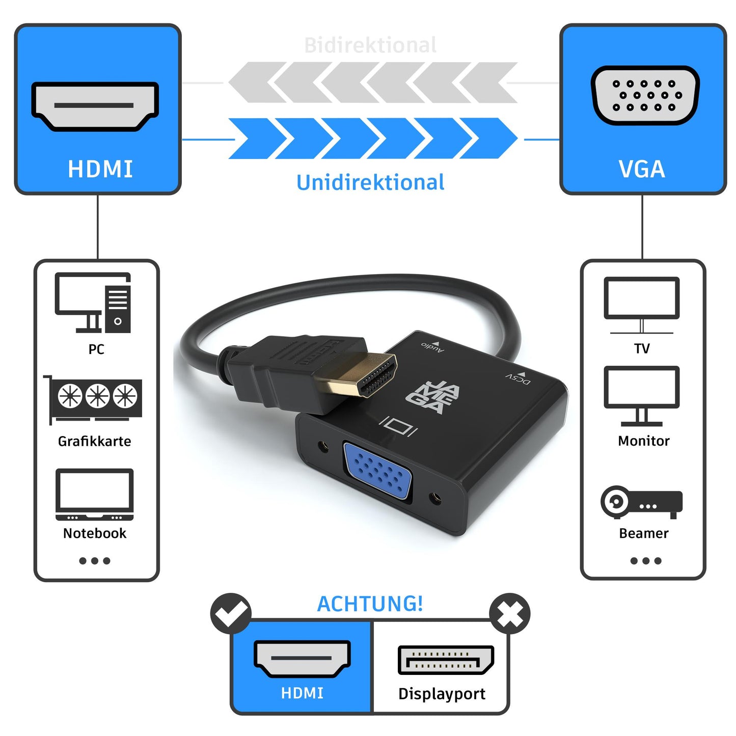 HDMI zu VGA Adapter - Aktiv inkl. Aux & USB Kabel