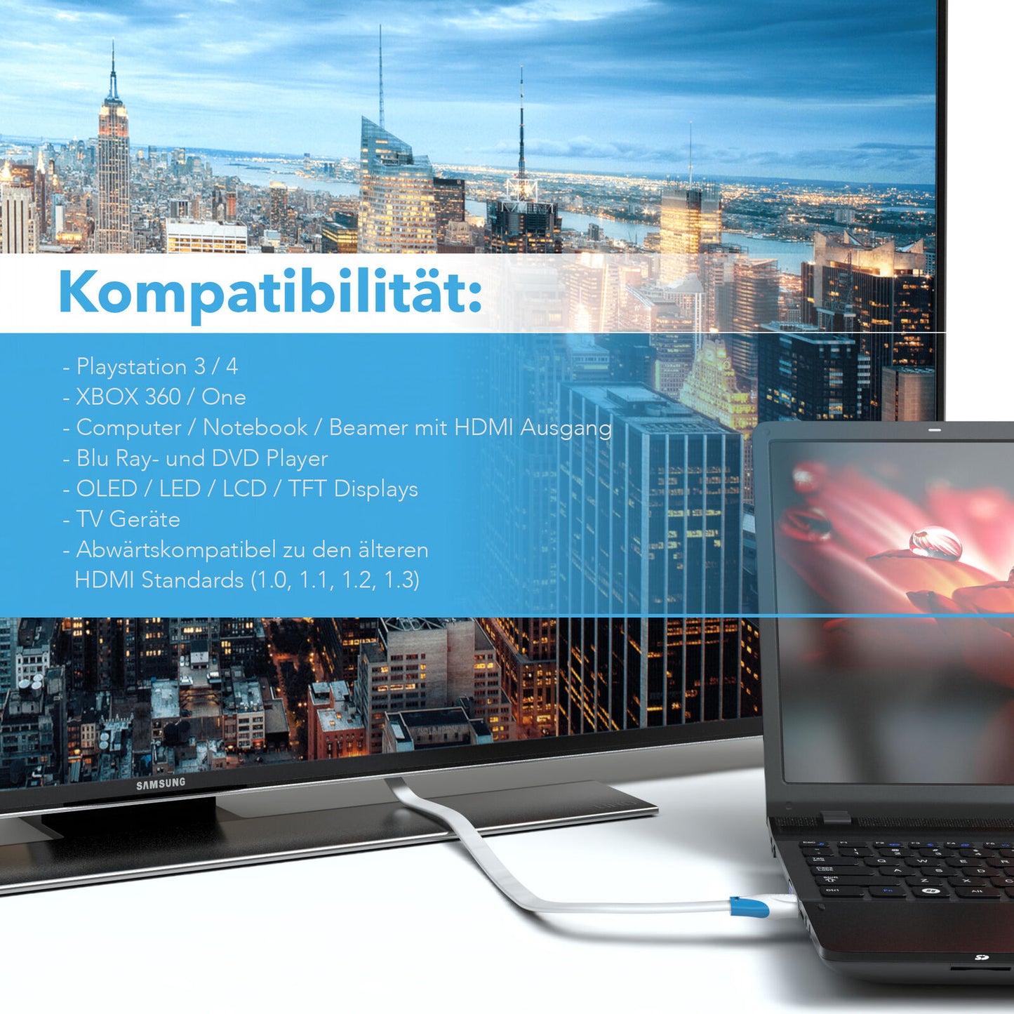 HDMI Kabel 1.4a _Flach_ - Plug weiß/blau - Variation "eBW"