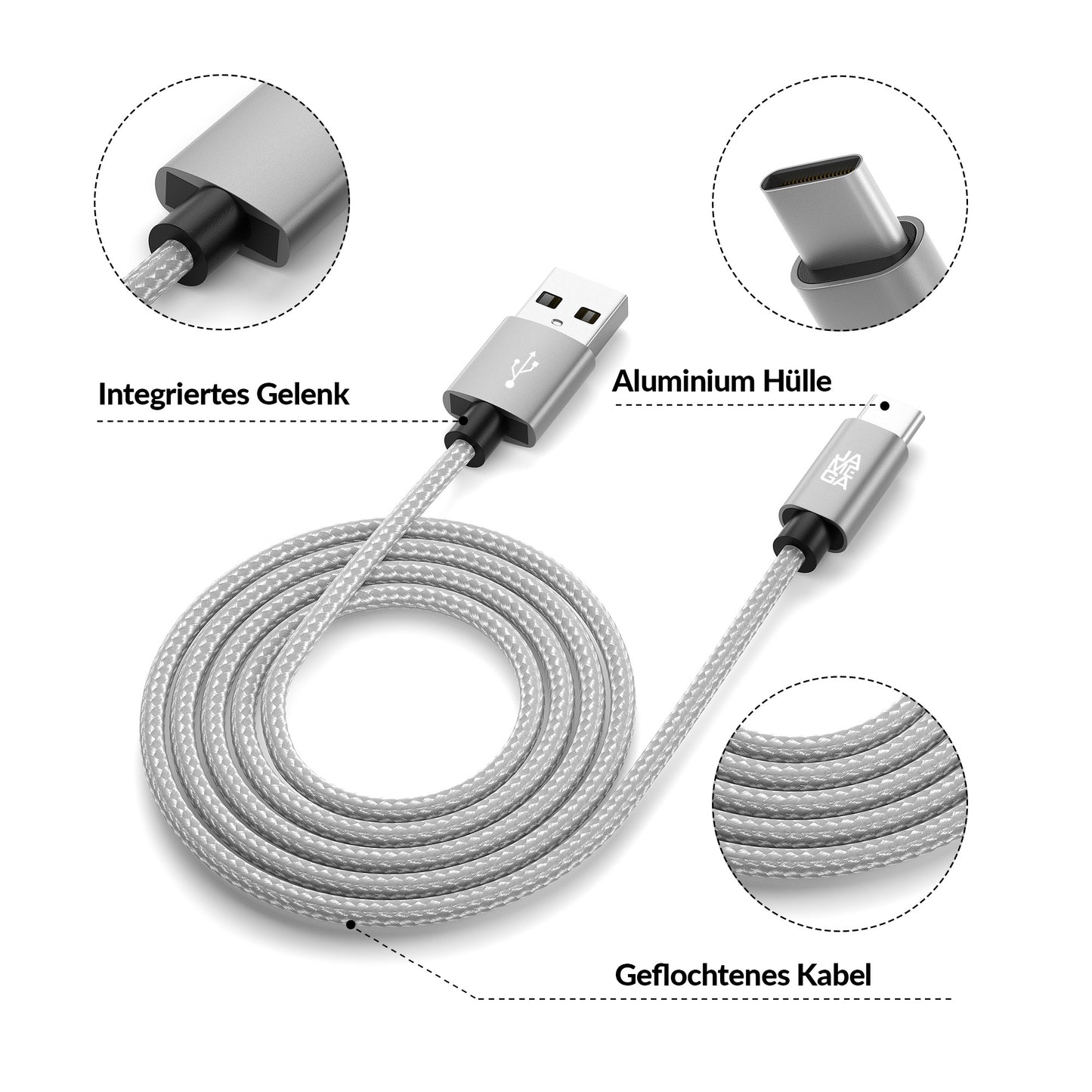 USB-C - USB A | Nylon + Metal Shell | *NEW MODEL* - Silver - Variante "eBW"