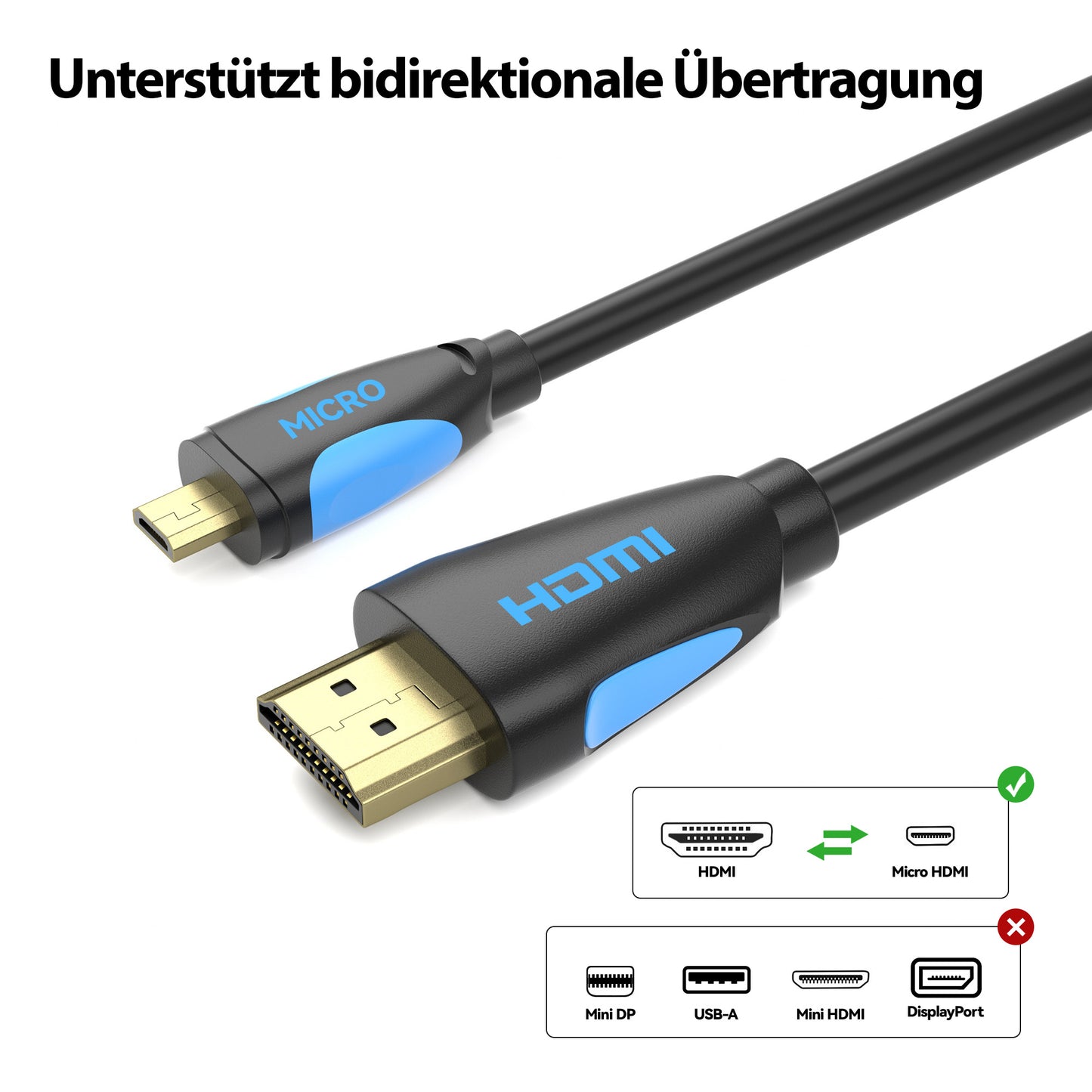 micro HDMI zu HDMI Kabel - schwarz/blau - Variation "eBW"