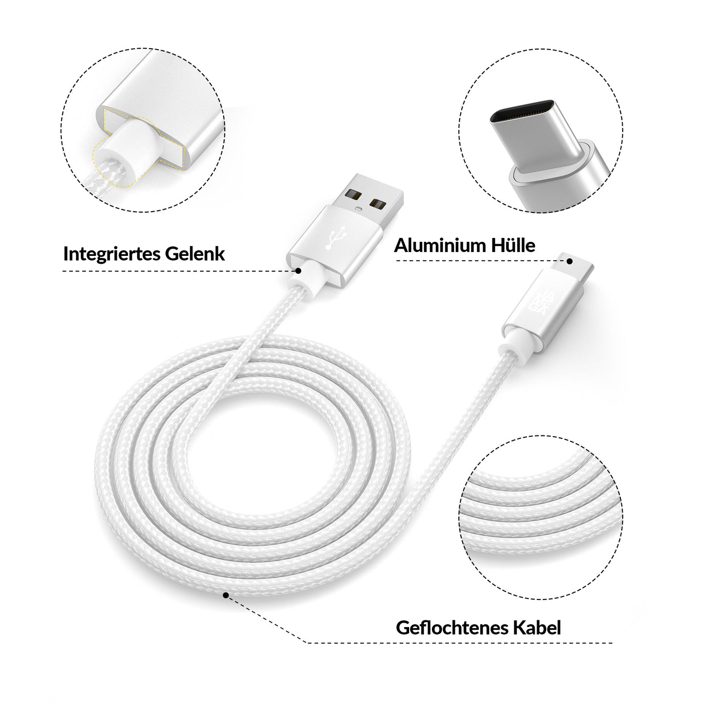 USB-C - USB A | Nylon + Metal Shell | *NEW MODEL* - White - Variante "eBW"