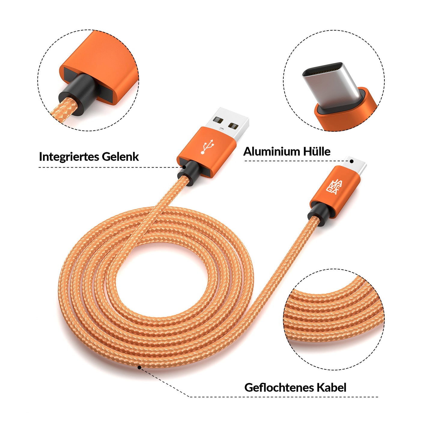 USB-C - USB A | Nylon + Metal Shell | *NEW MODEL* - Orange - Variante "eBW"