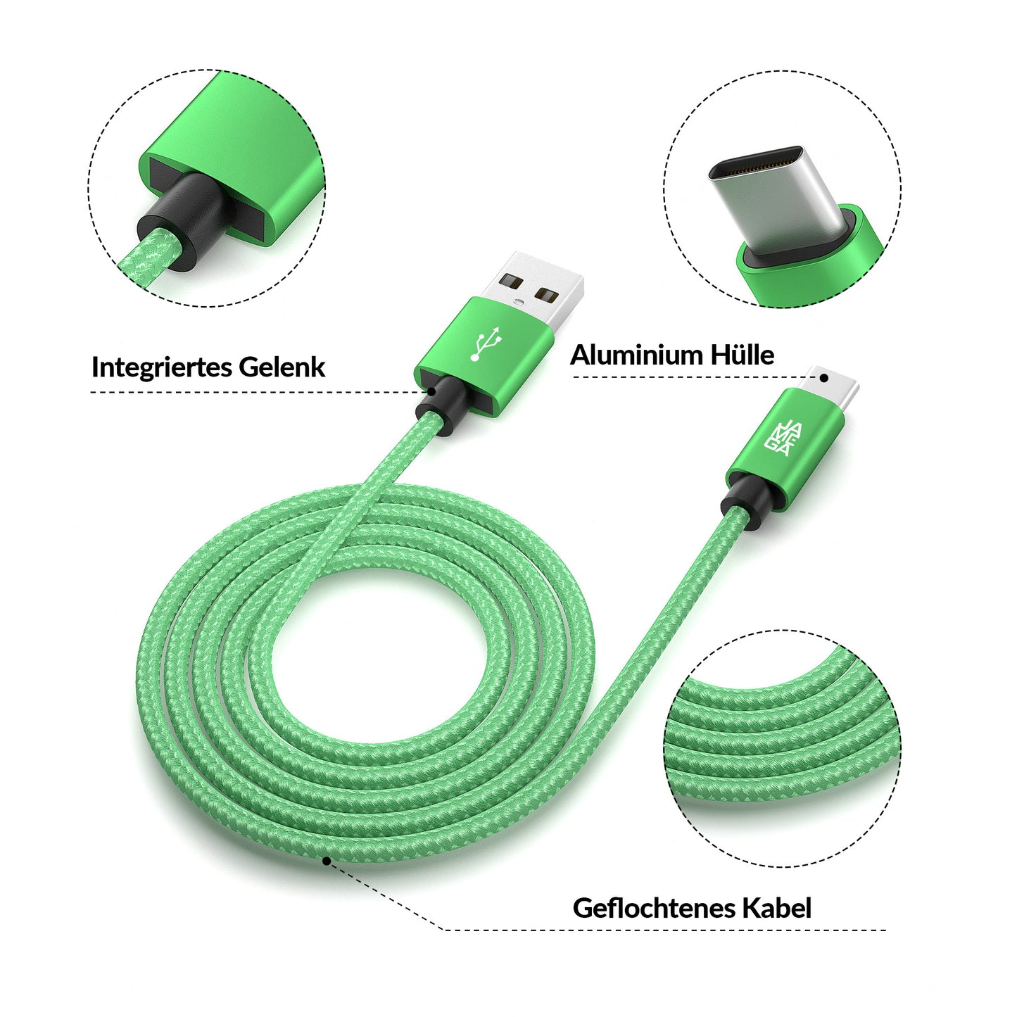 USB-C - USB A | Nylon + Metal Shell | *NEW MODEL* - Green - Variante "eBW"