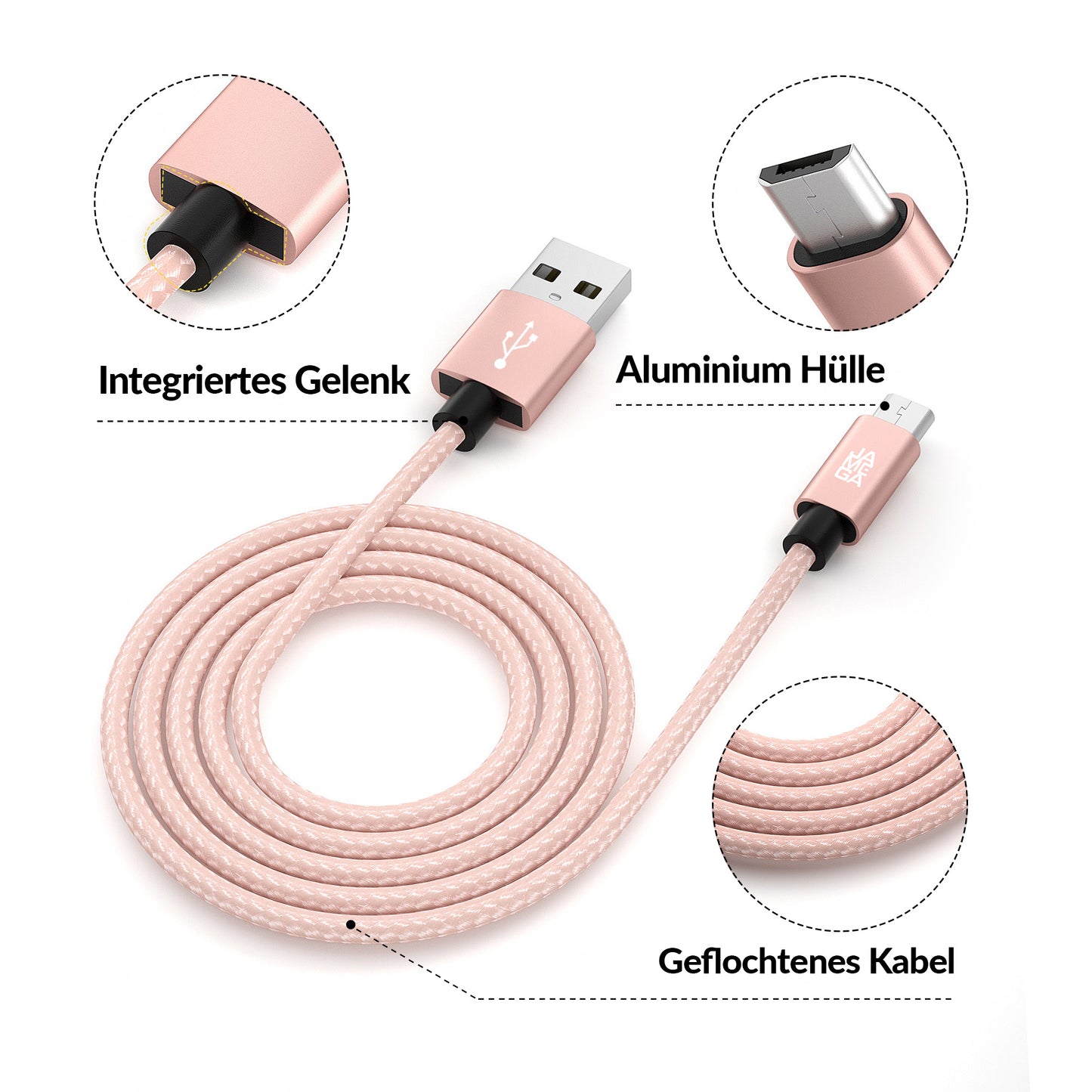 Micro USB Kabel | | 0,5 - 3m | | 4er Set Rosegold