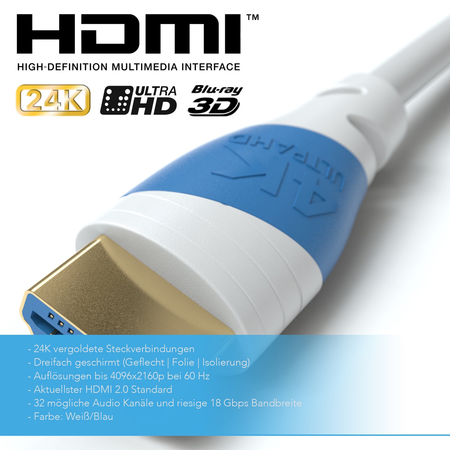 4K U-HD 2.0 HDMI Kabel - Plug Weiß/Blau - Variation "eBW"