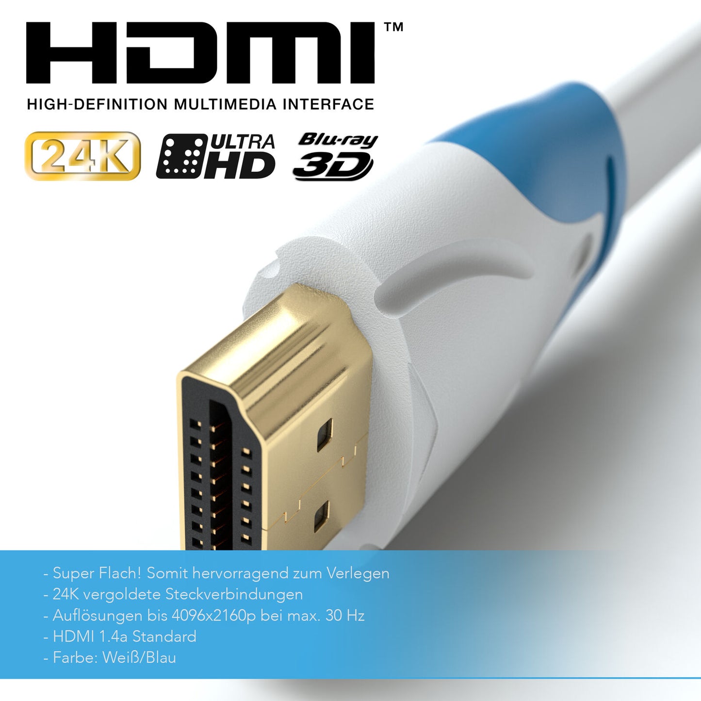 HDMI Kabel 1.4a _Flach_ - Plug weiß/blau - Variation "eBW"